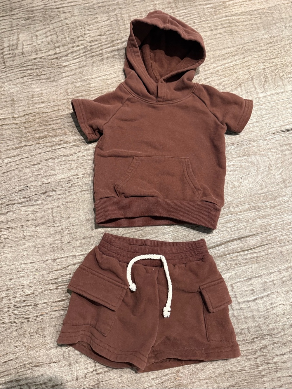 Lucky Panda Kids terry cargo shorts set in chocolate size 12-18 months